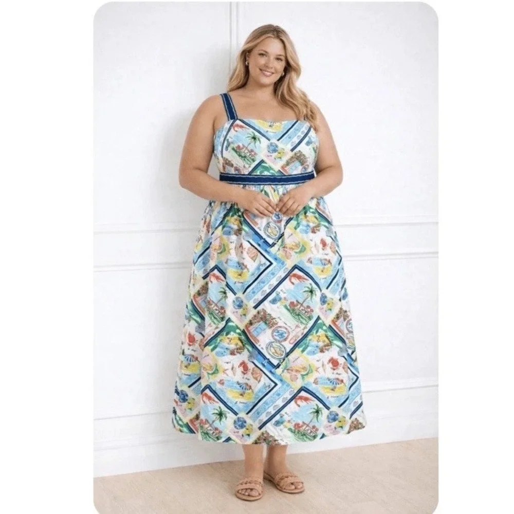 Talbots Modern‎ Poplin Fit & Flare Dress 16W Summer Vista Midi Coastal Cruise